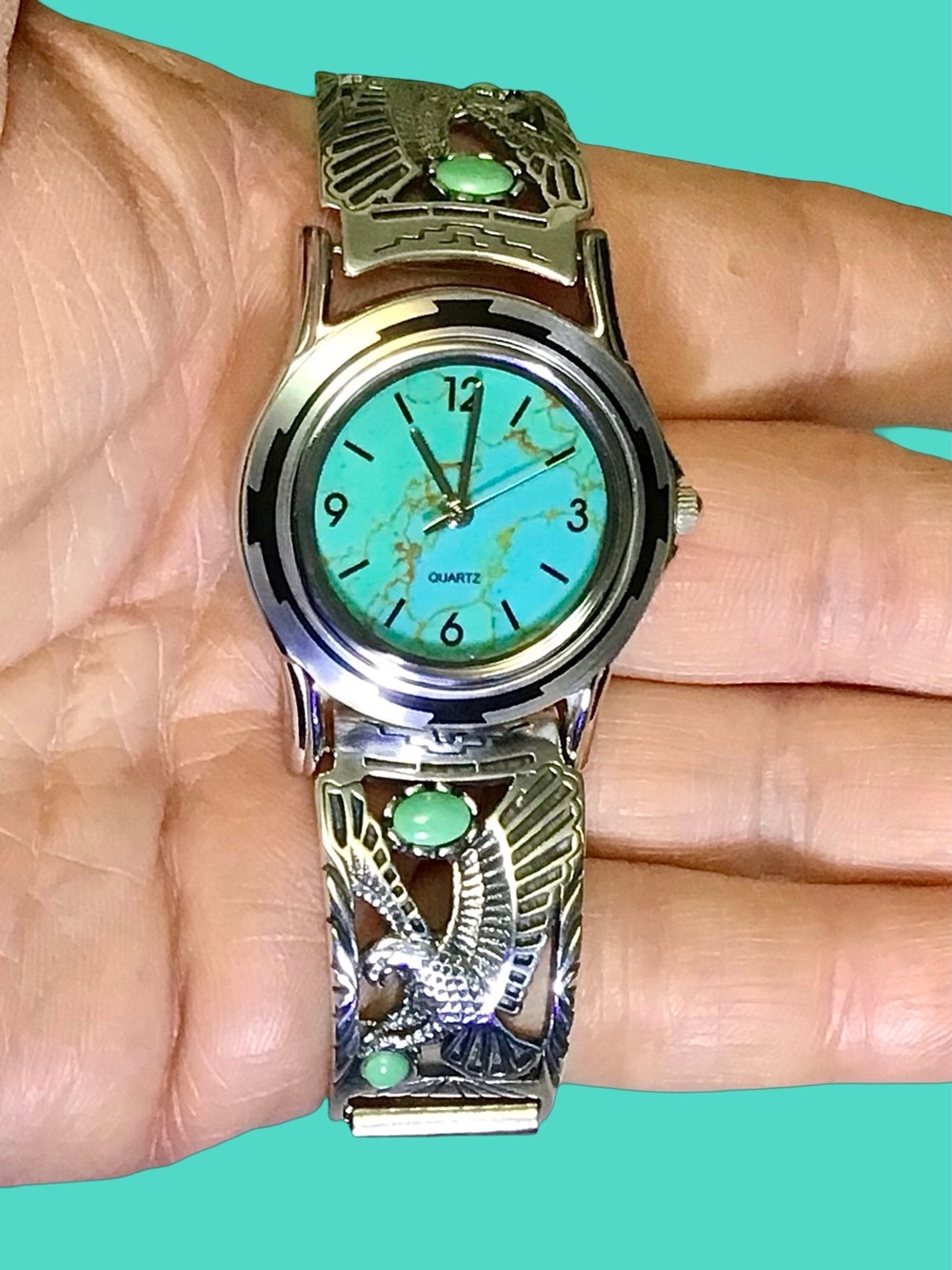 Native American Turquoise Dial Sterling Eagle Tips Men's Watch Signed RB